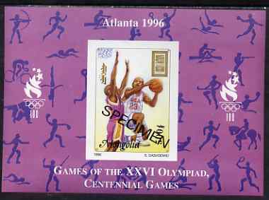 Mongolia 1996 Atlanta Olympics 500t (Basketball) imperf m/sheet opt'd SPECIMEN from limited printing, as SG 2557a unmounted mint, stamps on olympics, stamps on sport, stamps on basketball