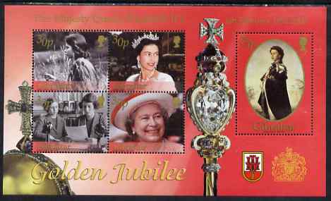 Gibraltar 2002 Golden Jubilee perf sheetlet containing complete set of 5 values unmounted mint, SG MS 1001, stamps on royalty, stamps on radio, stamps on microphones, stamps on guides, stamps on scouts
