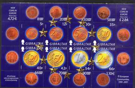 Gibraltar 2002 Introduction of Euro Currency perf sheetlet containing complete set of 8 values unmounted mint, SG MS 994, stamps on coins, stamps on finance, stamps on 
