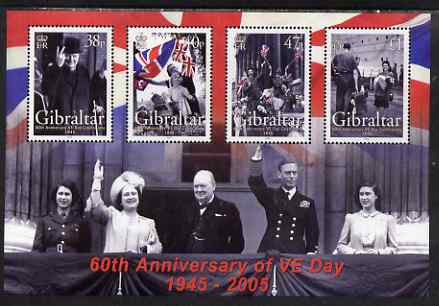 Gibraltar 2005 60th Anniversary of VE-Day perf sheetlet containing complete set of 4 values unmounted mint, SG MS 1133, stamps on royalty, stamps on churchill, stamps on  ww2 , stamps on flags, stamps on ships, stamps on 
