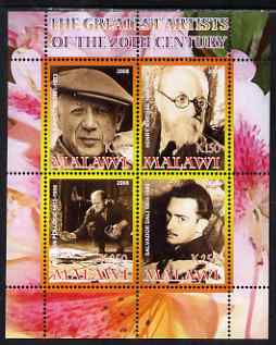 Malawi 2008 Great Artists of the 20th Century perf sheetlet containing 4 values unmounted mint, stamps on personalities, stamps on arts, stamps on picasso, stamps on dali, stamps on matisse, stamps on pollock