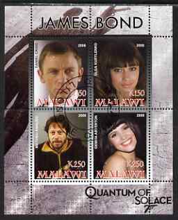 Malawi 2008 James Bond - Quantum of Solace perf sheetlet containing 4 values fine cto used, stamps on personalities, stamps on films, stamps on cinema, stamps on movies, stamps on  spy , stamps on 