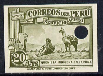 Peru 1937 Pictorial 20c (Recorder Player & Llama) imperf colour proof in olive with Waterlow & Sons security punch hole unmounted mint (as SG 598), stamps on animals, stamps on music