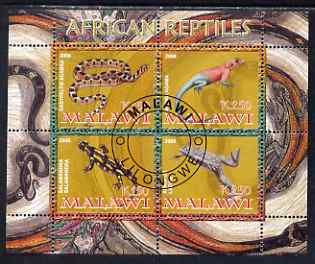 Malawi 2008 African Reptiles perf sheetlet containing 4 values fine cto used, stamps on reptiles, stamps on snakes, stamps on lizards, stamps on frogs