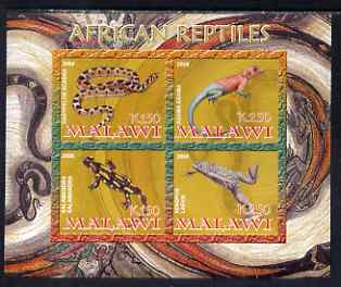 Malawi 2008 African Reptiles imperf sheetlet containing 4 values unmounted mint, stamps on reptiles, stamps on snakes, stamps on lizards, stamps on frogs