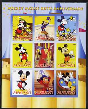 Malawi 2008 80th Anniversary of Mickey Mouse imperf sheetlet containing 9 values unmounted mint, stamps on disney, stamps on films, stamps on cartoons, stamps on cinema, stamps on music, stamps on circus