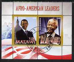 Malawi 2008 Afro-American Leaders #1 - Barack Obama & Nelson Mandela perf sheetlet containing 2 values fine cto used, stamps on personalities, stamps on constitutions, stamps on usa presidents, stamps on obama, stamps on mandela, stamps on nobel, stamps on personalities, stamps on mandela, stamps on nobel, stamps on peace, stamps on racism, stamps on human rights