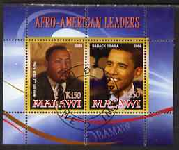 Malawi 2008 Afro-American Leaders #2 - Barack Obama & Martin Luther King perf sheetlet containing 2 values fine cto used, stamps on personalities, stamps on constitutions, stamps on usa presidents, stamps on obama, stamps on peace