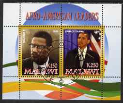 Malawi 2008 Afro-American Leaders #3 - Barack Obama & Malcolm X perf sheetlet containing 2 values fine cto used, stamps on personalities, stamps on constitutions, stamps on usa presidents, stamps on obama, stamps on racialism