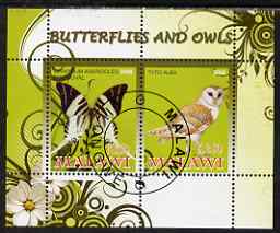 Malawi 2008 Butterflies & Owls perf sheetlet containing 2 values fine cto used, stamps on butterflies, stamps on owls, stamps on birds, stamps on birds of prey