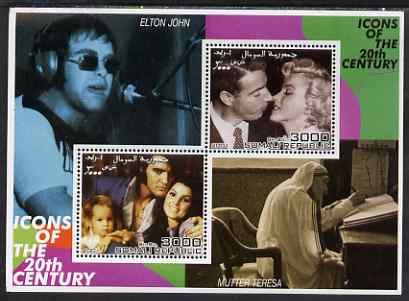 Somalia 2001 Icons of the 20th Century #10 - Elvis & Marilyn perf sheetlet containing 2 values with Elton John & Mother Teresa in background unmounted mint. Note this item is privately produced and is offered purely on its thematic appeal, stamps on , stamps on  stamps on personalities, stamps on  stamps on millennium, stamps on  stamps on movies, stamps on  stamps on films, stamps on  stamps on music, stamps on  stamps on marilyn, stamps on  stamps on elvis, stamps on  stamps on nobel, stamps on  stamps on peace, stamps on  stamps on pops, stamps on  stamps on marilyn monroe