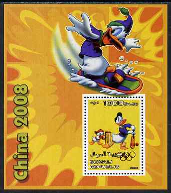 Somalia 2006 Beijing Olympics (China 2008) #06 - Donald Duck Sports - Cricket & Surf Boarding perf souvenir sheet unmounted mint with Olympic Rings overprinted on stamp, stamps on , stamps on  stamps on disney, stamps on  stamps on entertainments, stamps on  stamps on films, stamps on  stamps on cinema, stamps on  stamps on cartoons, stamps on  stamps on sport, stamps on  stamps on stamp exhibitions, stamps on  stamps on cricket, stamps on  stamps on olympics