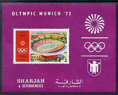 Sharjah 1971 Munich Olympics (Stadium) 6r imperf m/sheet unmounted mint, Mi BL 90B, stamps on olympics, stamps on stadia