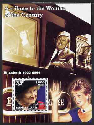 Somaliland 2002 A Tribute to the Woman of the Century #10 - The Queen Mother perf m/sheet also showing Walt Disney (on Train) & Diana, unmounted mint, stamps on royalty, stamps on railways, stamps on queen mother, stamps on women, stamps on films, stamps on cinema, stamps on disney, stamps on personalities