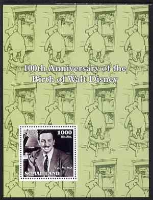 Somaliland 2002 Birth Centenary of Walt Disney #01 perf m/sheet (green background with Winnie the Pooh) unmounted mint, stamps on films, stamps on cinema, stamps on disney, stamps on personalities, stamps on pooh, stamps on bears, stamps on honey
