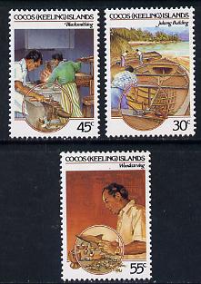 Cocos (Keeling) Islands 1985 Cocos-Malay Culture #2 (Handicrafts - Blacksmith, Woodcarving, Building Ships) set of 3 unmounted mint, SG 126-28, stamps on crafts    cultures   ships