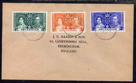 Ascension 1937 KG6 Coronation set of 3 on cover with first day cancel addressed to the forger, J D Harris.  Harris was imprisoned for 9 months after Robson Lowe exposed h..., stamps on , stamps on  kg6 , stamps on forgery, stamps on forger, stamps on forgeries, stamps on coronation