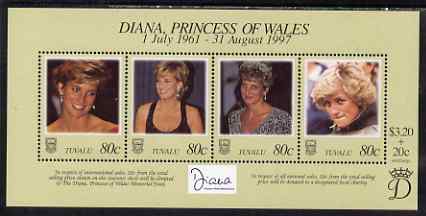 Tuvalu 1998 Diana, Princess of Wales Commemoration perf sheetlret containing 4 values unmounted mint, SG MS803, stamps on royalty, stamps on diana