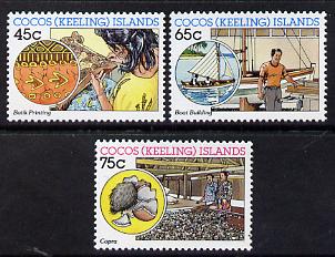 Cocos (Keeling) Islands 1987 Cocos-Malay Industries (Batik Printing, Boat Building & Copra) set of 3 unmounted mint, SG 169-71, stamps on crafts    cultures   ships  textiles