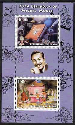 Benin 2004 75th Birthday of Mickey Mouse - Pinocchio & Jazz Band perf sheetlet containing 2 values plus label, unmounted mint, stamps on disney, stamps on films, stamps on movies, stamps on cinema, stamps on music, stamps on jazz