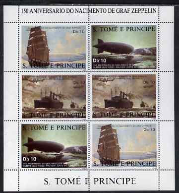 St Thomas & Prince Islands 1988 150th Anniversary of Zeppelin perf sheetlet #1 containing 3 horizontal values each x 2, unmounted mint. Note this item is privately produc..., stamps on airships, stamps on zeppelins, stamps on ships