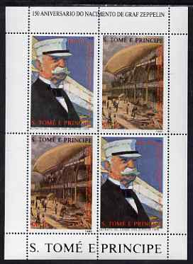 St Thomas & Prince Islands 1988 150th Anniversary of Zeppelin perf sheetlet #2 containing 2 vertical values each x 2, unmounted mint, stamps on airships, stamps on zeppelins, stamps on 
