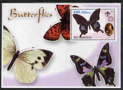 Afghanistan 2001 Butterflies #01 perf s/sheet (also showing Baden Powell and Scout & Guide Logos) unmounted mint, stamps on butterflies, stamps on scouts, stamps on guides