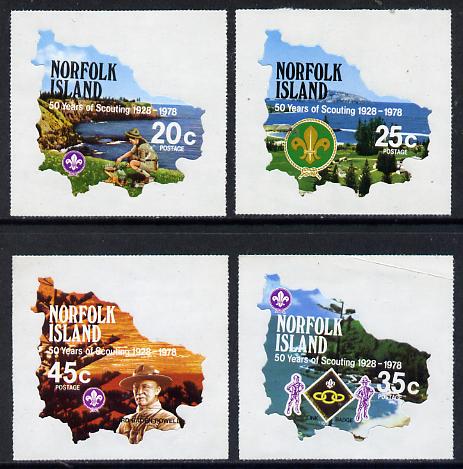 Norfolk Island 1978 Scouts 50th Anniversary self-adhesive set of 4 in shape of Map unmounted mint, SG 209-12*, stamps on scouts    maps    self adhesive, stamps on shaped