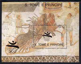 St Thomas & Prince Islands 1989 Barcelona 92 50Db m/sheet (Greek Chariot Race) unmounted mint, stamps on olympics, stamps on chariots, stamps on ancient greece, stamps on horses