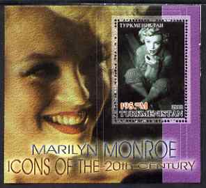 Turkmenistan 2001 Icons of the 20th Century - Marilyn Monroe perf s/sheet #2 unmounted mint. Note this item is privately produced and is offered purely on its thematic appeal, stamps on personalities, stamps on marilyn, stamps on music, stamps on films, stamps on cinema, stamps on films, stamps on movies