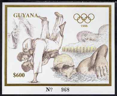 Guyana 1996 Atlanta Olympic Games imperf deluxe $600 sheet (inscriptions in gold) showing Judo & Swimming, unmounted mint Mi BL 322, stamps on olympics, stamps on judo, stamps on swimming, stamps on martial arts