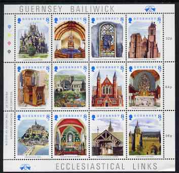 Guernsey 1988 Christmas - Ecclesiastical Links perf sheetlet containing set of 12 values unmounted mint, SG 439-50, stamps on christmas, stamps on cathedrals, stamps on churches, stamps on abbeys