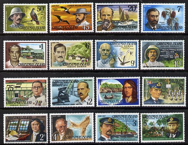 Christmas Island 1977 Famous Visitors definitive set 16 values complete unmounted mint, SG 67-82, stamps on birds    explorers    personalities    ships     frigate     pigeon