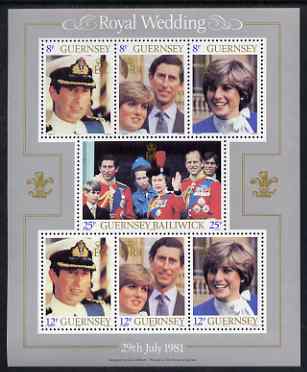 Guernsey 1981 Royal Wedding perf sheetlet containing set of 7 values unmounted mint, SG MS 239, stamps on royalty, stamps on charles, stamps on diana