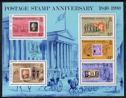 Guernsey 1990 150th Anniversary of Penny Black perf sheetlet containing set of 5 values unmounted mint, SG 495, stamps on postal, stamps on stamponstamp, stamps on ships, stamps on paddle steamers, stamps on pillar boxes, stamps on post offices, stamps on militaria, stamps on 