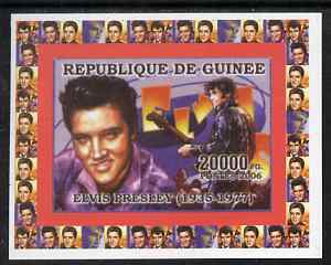 Guinea - Conakry 2006 Elvis Presley individual imperf deluxe sheet #1, unmounted mint. Note this item is privately produced and is offered purely on its thematic appeal as Yv 322, stamps on personalities, stamps on elvis, stamps on music, stamps on films, stamps on cinema, stamps on movies, stamps on pops, stamps on rock