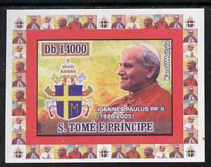 St Thomas & Prince Islands 2007 Popes individual imperf deluxe sheet #3 showing Pope John Paul II (1920-2005) unmounted mint. Note this item is privately produced and is offered purely on its thematic appeal , stamps on personalities, stamps on popes, stamps on religion, stamps on pope, stamps on arms, stamps on heraldry