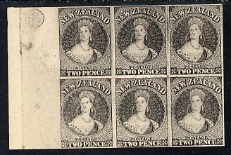 New Zealand 1855 Chalon Head 2d Hausbergs imperf proof block of 6 in black on white card, very fine, stamps on royalty, stamps on  qv , stamps on 