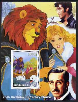 Benin 2002 75th Birthday of Mickey Mouse - Beauty & the Beast perf m/sheet unmounted mint. Note this item is privately produced and is offered purely on its thematic appeal, stamps on disney, stamps on lions, stamps on swans, stamps on personalities, stamps on elvis, stamps on music, stamps on films, stamps on cinema, stamps on movies, stamps on pops, stamps on rock