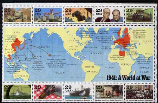 United States 1991 US Participation in WW2 - 1st issue - 1941 A world at War perf sheetlet containing 10 values plus large label unmounted mint, SG 2620a, stamps on maps, stamps on  ww2 , stamps on militaria, stamps on personalities, stamps on churchill, stamps on constitutions, stamps on  ww2 , stamps on masonry, stamps on masonics, stamps on roosevelt, stamps on tanks, stamps on ships, stamps on submarines