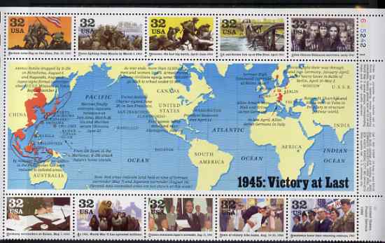 United States 1995 US Participation in WW2 - 5th issue - 1945 Victory at Last perf sheetlet containing 10 values plus large label unmounted mint, SG 3111a, stamps on maps, stamps on  ww2 , stamps on militaria, stamps on bridges, stamps on judaica, stamps on barbed wire, stamps on refugees, stamps on 