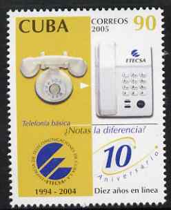 Cuba 2005 10th Anniversary of ETECSA (Telephones) 90c unmounted mint SG 4824, stamps on communications, stamps on telephones