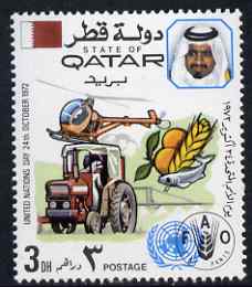 Qatar 1972 Tractor, Produce & Helicopter (FAO) 3d unmounted mint SG 437, stamps on united nations, stamps on agriculture, stamps on farming, stamps on tractors, stamps on helicopters, stamps on food, stamps on 