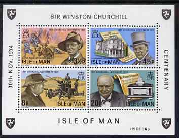 Isle of Man 1974 Churchill Centenary miniature sheet containing 4 values unmounted mint, SG MS58, stamps on personalities, stamps on churchill, stamps on constitutions, stamps on  ww2 , stamps on masonry, stamps on masonics, stamps on 