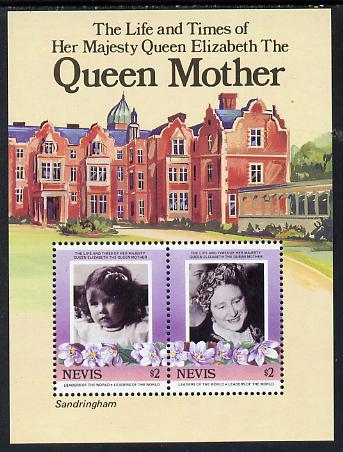 Nevis 1985 Life & Times of HM Queen Mother (Sandringham) m/sheet (SG MS 317) unmounted mint, stamps on buildings  royalty      queen mother
