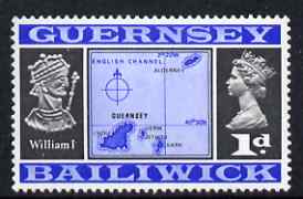Guernsey 1969-70 1d Map and William I unmounted mint SG 14, stamps on maps, stamps on royalty, stamps on 