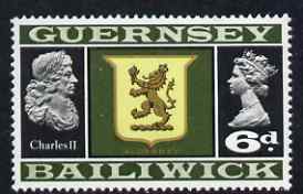 Guernsey 1969-70 6d Arms of Alderney & charles II unmounted mint SG 20, stamps on , stamps on  stamps on arms, stamps on  stamps on heraldry, stamps on  stamps on royalty, stamps on  stamps on 