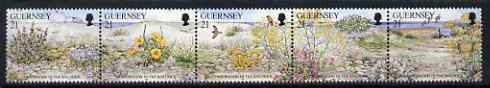 Guernsey 1991 Nature Conservation se-tenant strip of 5 flowers unmounted mint, SG 535a, stamps on flowers, stamps on poppy, stamps on herbs, stamps on birds, stamps on food