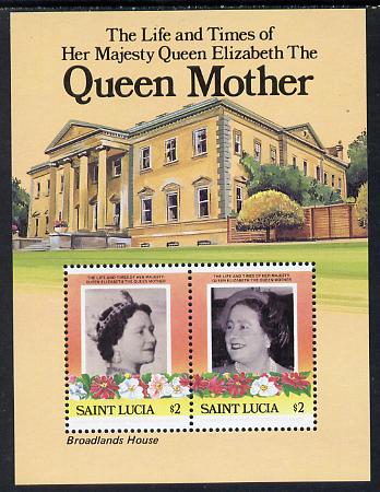 St Lucia 1985 Life & Times of HM Queen Mother (Broadlands House) m/sheet (SG MS 840) unmounted mint, stamps on , stamps on  stamps on buildings   royalty      queen mother