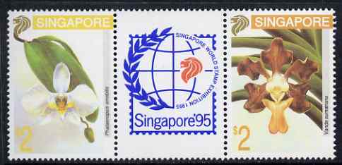 Singapore 1993 Singapore 95 International Stamp Exhibition set of 2 Orchids (3rd Issue) in gutter pair with Stamp Exhibition insignia printed in gutter, unmounted mint SG..., stamps on flowers, stamps on orchids, stamps on stamp exhibitions